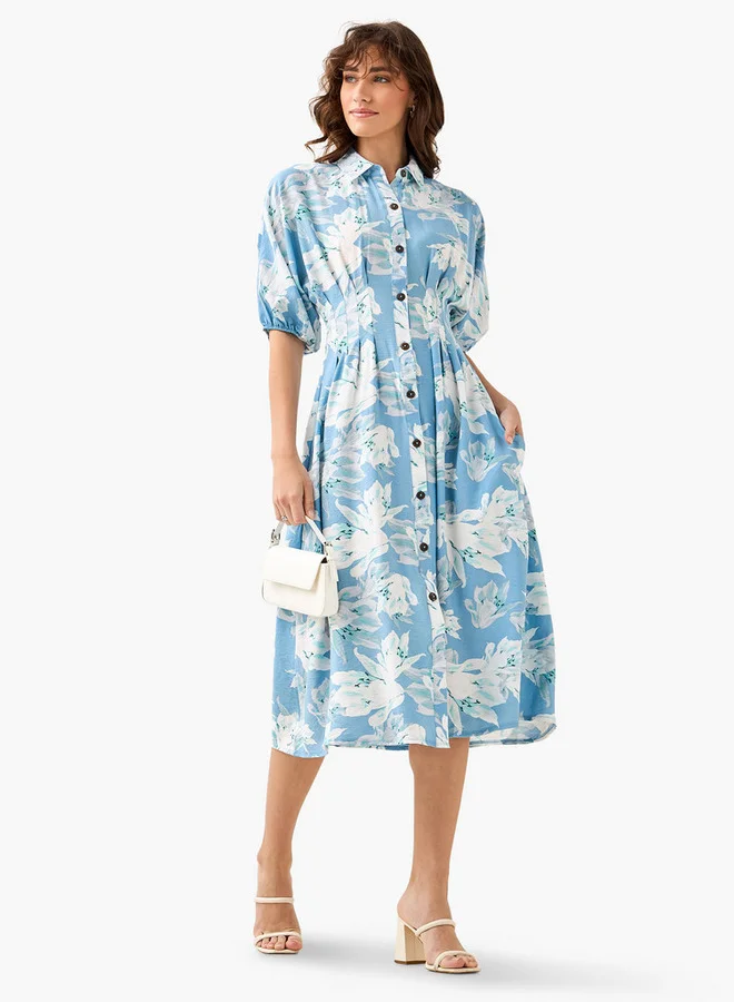سبلاش فيڤ Floral Print Shirt Style Women Dress with Collar Viscose